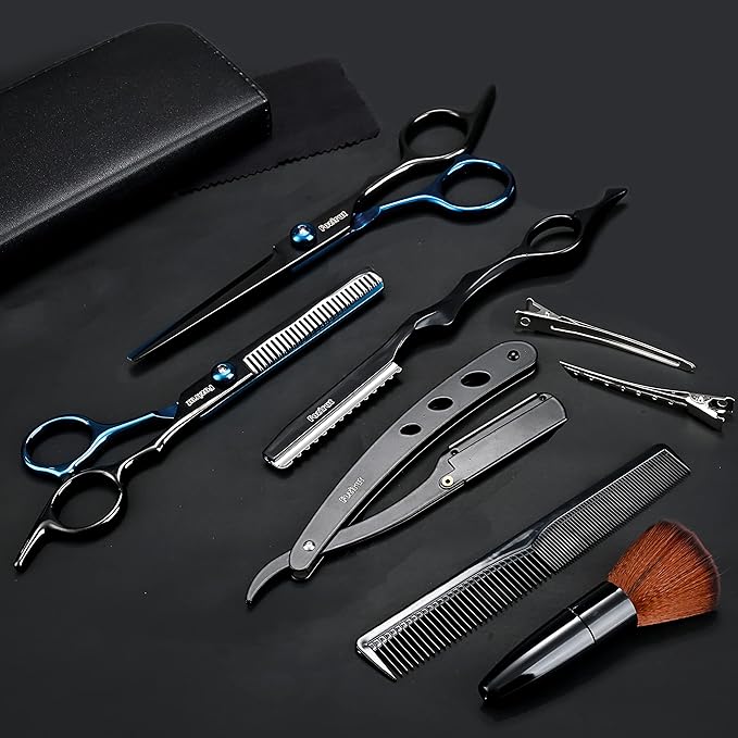 Barber Hair Cutting Scissors Set, Fozirut Professional Haircut Scissors Thinning Shears Straight Edge Razor Barber Accessories Hair Trimming Kit, Hairdresser Tools Haircutting Shears Pro for Men Women