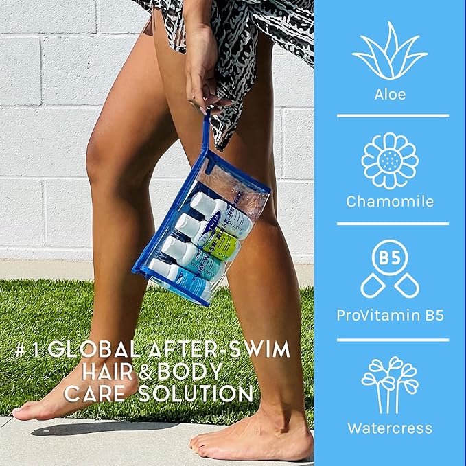 TRISWIM Shot Set in Travel Bag | 2oz Travel Size Chlorine Removal Shampoo, Swimmer’s Conditioner, Swim Body Wash and Lotion | Removes Chlorine, Bromine, Hard Water Minerals & Saltwater and odors