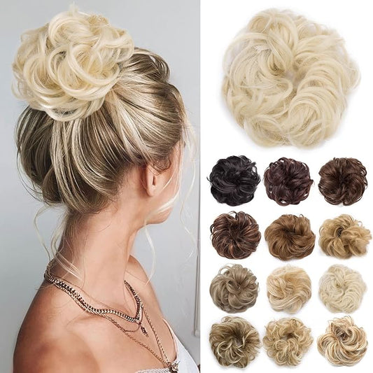 Benehair Messy Bun Hair Piece Scrunchy Updo Hair Pieces for Women Fluffy Wavy Hair Bun Scrunchies Donut Hairpiece Synthetic Chignons With Elastic Rubber Band Bleach Blonde 1pc 25g