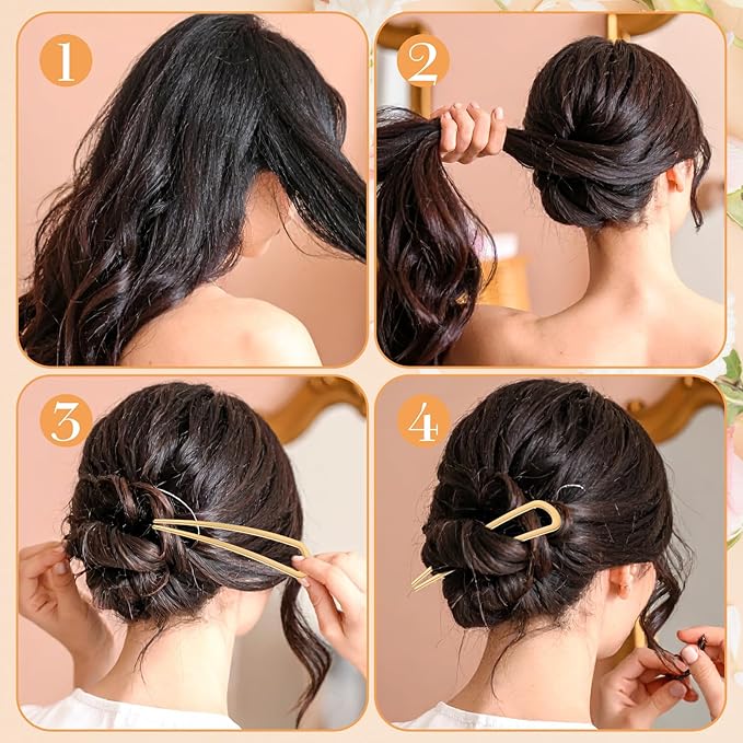 3 Pcs French Hair Pins for Women, U Shaped Hairs Pins, Metal Gold Hairs Accessories, for French Twists, Buns and Updos with No Hair Damage Comfortable Keeps in Place (Gold+Silver+Black)