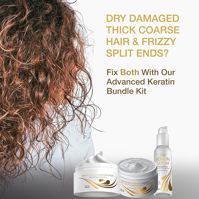 VITAMINS hair cosmetics Keratin Thick Hair Leave-In Conditioner, Thick Hair Mask & Hair Serum Kit - No Rinse Moisturizing Curl Cream, Repair for Dry Damaged Thick Coarse Hair & Anti Frizz Gloss Boost