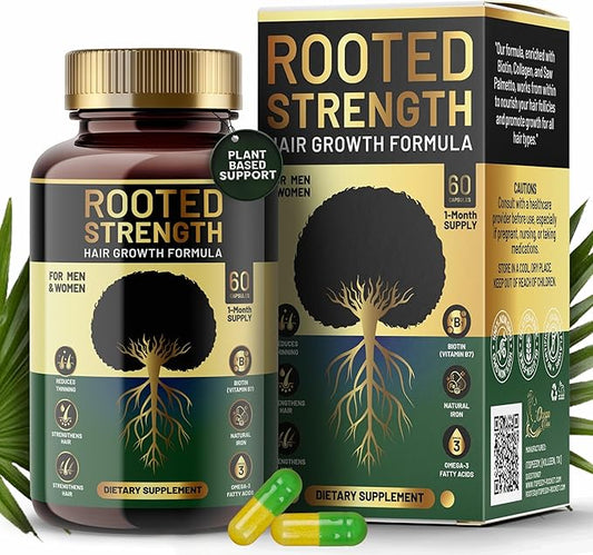 Rooted Strength Hair Growth Vitamins – Hair Vitamins for Black Women & Men with DHT Blocker & Collagen, Advanced Biotin for Hair Growth Women, 60 Capsules, 1-Month Supply, for Thicker, Stronger Hair