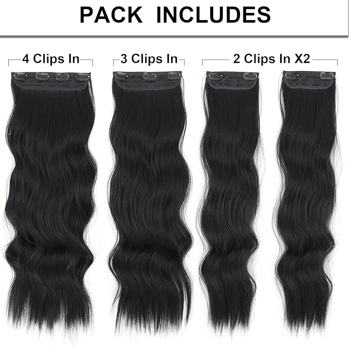 Vigorous Clip in Hair Extensions 4Pcs Black Hair Extension 24 Inch Long Wavy Soft Synthetic Hairpieces for Women