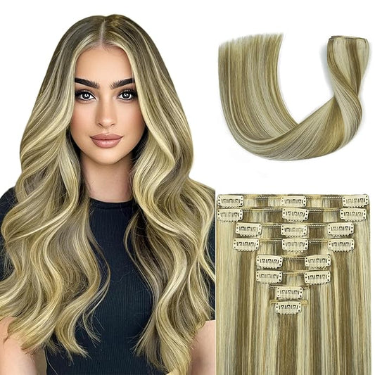Blonde Clip in Hair Extensions Real Human Hair 8pcs Per Set with Double Weft 100% Seamless Blonde Hair Extensions for Women #8p613 Mixed Bleach Blonde 26inch 130g/4.6oz