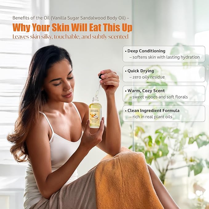 Vanilla Sugar Sandalwood Body & Hair Oil – Inspired Warm Gourmand Scent – Hydrating & Nourishing Oil for Skin, Hair & Cuticles – Lightweight, Fast-Absorbing, 4 fl oz