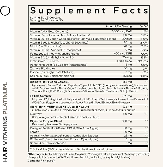 Codeage Hair Vitamins Platinum - Lustriva Hair Growth Support, Spermidine, AstraGin, Biotin, Keratin, Collagen, Enzymes, Omega-3, Multivitamins, Probiotics – Healthy Hair Supplement - 90 Capsules