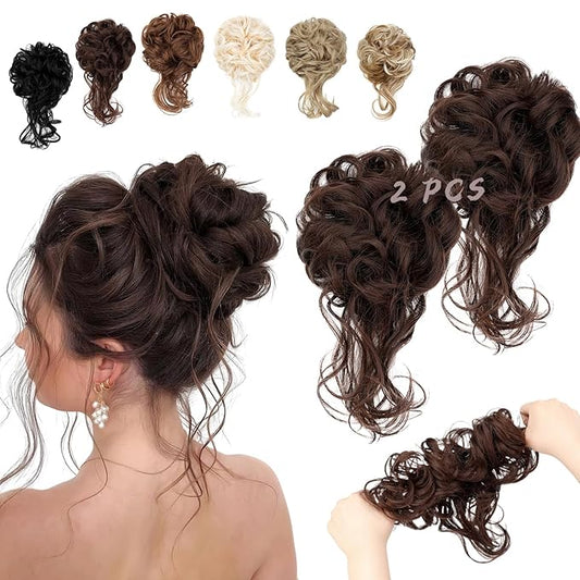 2PCS Messy Bun Hair Piece Tousled Updo with Tendrils Wavy Curly Hair Bun Scrunchies Ponytail Extension Elastic Band Hairpieces For Women (Medium Brown)