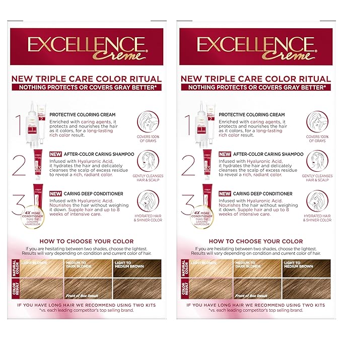 L'Oreal Paris Excellence Crème Permanent Hair Dye, Triple Care Hair Color with Pro-Keratine Complex for 100% Gray Hair Coverage, 7 Dark Blonde, 1 Kit (Pack of 2)