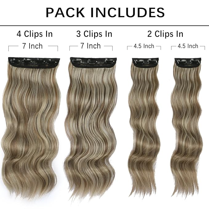 Vigorous Clip in Hair Extensions 4Pcs Light Ash Brown mixed Long Wavy Hair Extensions Clip Ins 20Inch Soft and Natural Synthetic Hairpieces for Women
