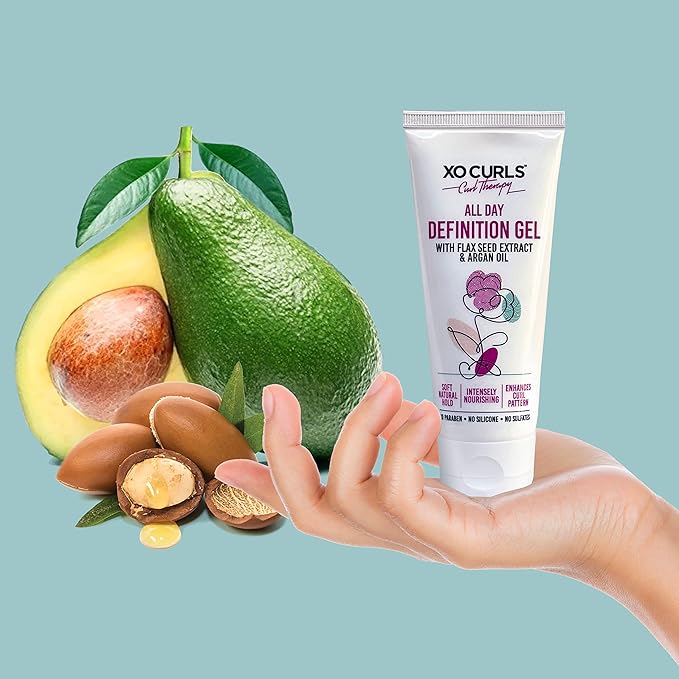 XO Curls All Day Definition Gel with Flax Seed and Argan Oil 3.4 Fl Oz | Unisex Curly Cream Hair Therapy for Frizz-Free, Soft Natural Curls