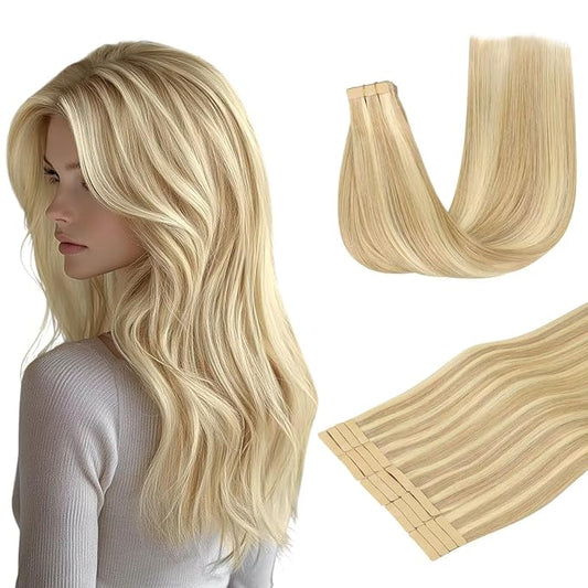 DOORES Tape in Human Hair Extensions, 20pcs 50g 14 Inch Drity Blonde Highlight Golden Blonde, Remy Human Hair, Straight, Tape-In Installation