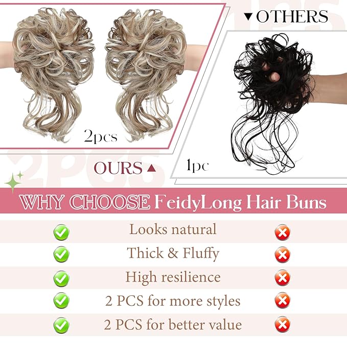 2PCS Messy Bun Hair Piece Tousled Updo with Tendrils Wavy Curly Hair Bun Scrunchies Ponytail Extension Elastic Band Hairpieces For Women (Light Brown mix Bleach Blonde)