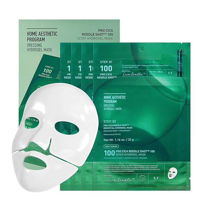 VT COSMETICS Pro Cica Reedle Shot 100 2-Step Hydrogel Mask(34.5gx4ea), Intensive Calming, Exosome Centella Asiatica, Blemish Relief, Overnight Melting Mask, Korean Facial Mask