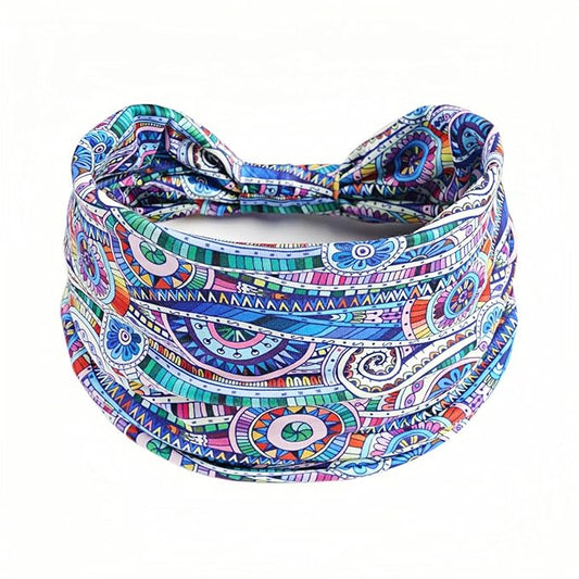 1 Pack Boho Headbands Stretch Paisley Print Bandana Headband Criss Cross Hair Bands Knotted Head Wrap Yoga Daily for Women and Girls (Blue Pattern)
