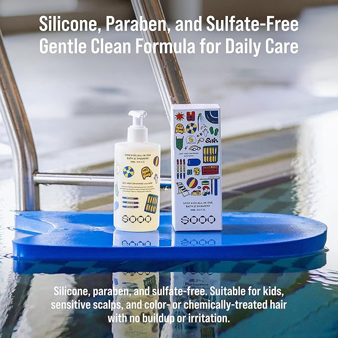 SOOO Kids Swimming Shampoo & Body Wash 2-in-1 Tear-Free Gentle Pool Care for Baby & Kids, Removes Chlorine & Salt After Swimming, Hydrating & Moisturizing Formula, Sulfate-Free, Paraben-Free 10.1oz