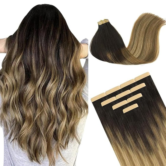 DOORES Tape in Hair Extensions Human Hair, Dark Brown to Dirty Blonde, 12 Inch, 20g, 10pcs, Straight, Remy, Tape-In Installation