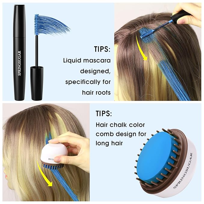 Blue Temporary Hair Chalk Color Comb + Washable Hair Mascara Dye for Girls Kids, Makeup Vibrant Dye Hair Colors for Halloween, Cosplay, Sporting Events, DIY Hair Parties Christmas