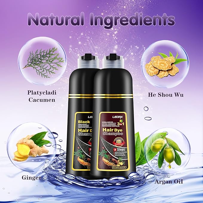 "Leorx 3 In 1 Hair Dye Shampoo, 16.9 Fl Oz, Wine Red, Instant Herbal Refresh For Women & Men - Color Your Hair with Ease - Tintes Para El Cabello Profesional"