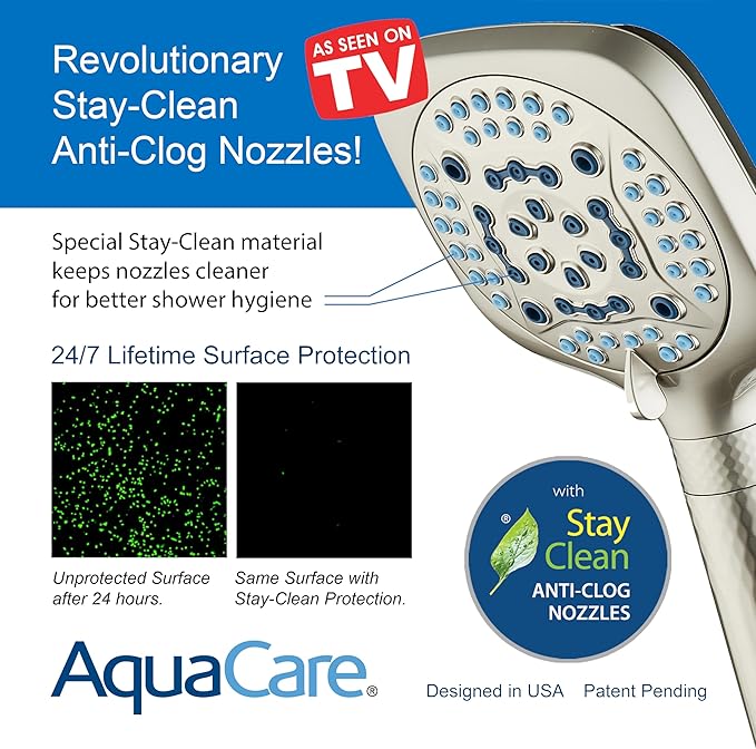 AquaCare 4X High Pressure 10 Spray Mode Filtered Showerhead - Handheld Shower Head Filters Chlorine to Heal Dry Skin, Revive Hair - Dual Power Wash Cleans Tub, Tile, Pets - Hard Water Softener, Nickel