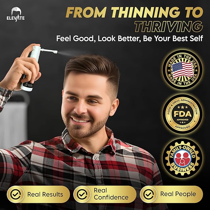 Elevate Hair Regrowth Treatment 5% Minoxidil Spray for Men - Clinically Proven Formula Fast Absorbing for Hair Loss and Growth Unscented Topical Hair Spray for Thinning & Balding Hair - Made in USA