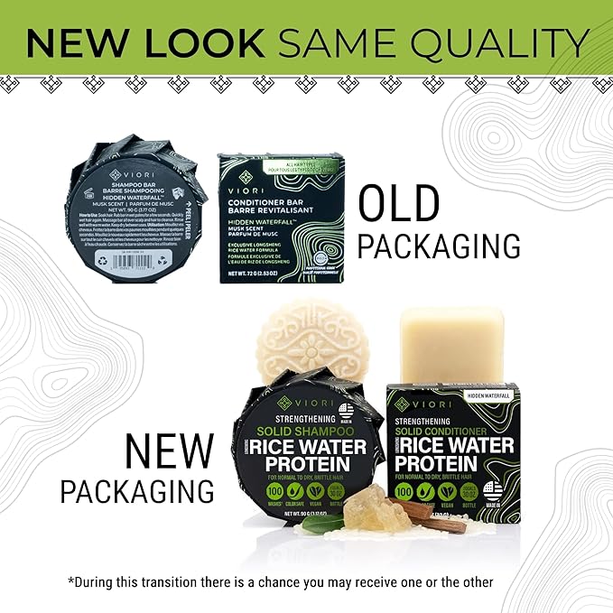 Viori Hidden Waterfall Shampoo and Conditioner Bar Set and Bamboo Holder - Made with Rice Water for Hair Growth - Handcrafted Sulfate Free Shampoo and Conditioner