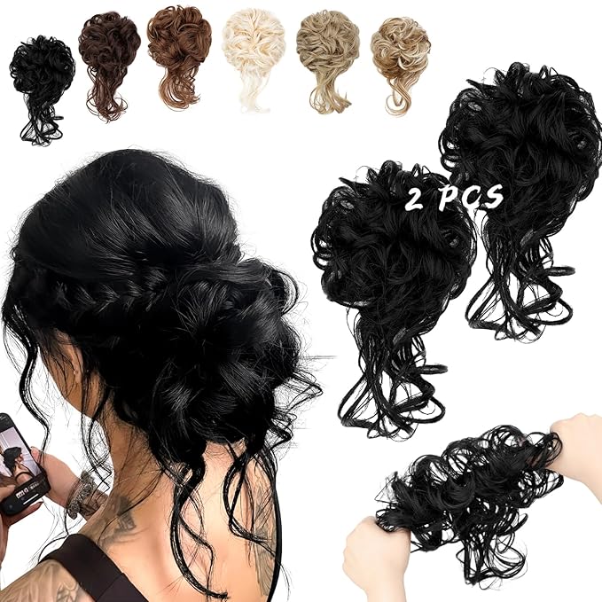 2PCS Messy Bun Hair Piece Tousled Updo with Tendrils Wavy Curly Hair Bun Scrunchies Ponytail Extension Elastic Band Hairpieces For Women (Dark Black)