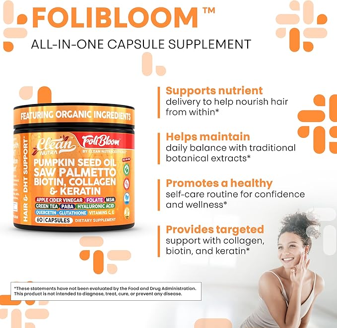 Clean Nutra Pumpkin Seed Oil Capsules + Saw Palmetto Biotin Collagen Keratin MSM Folate Hyaluronic Acid Supplements B12 Zinc Hair Supplement for Women Men Iodine 5-MTHF B-12 Vitamin B9-60 Pills