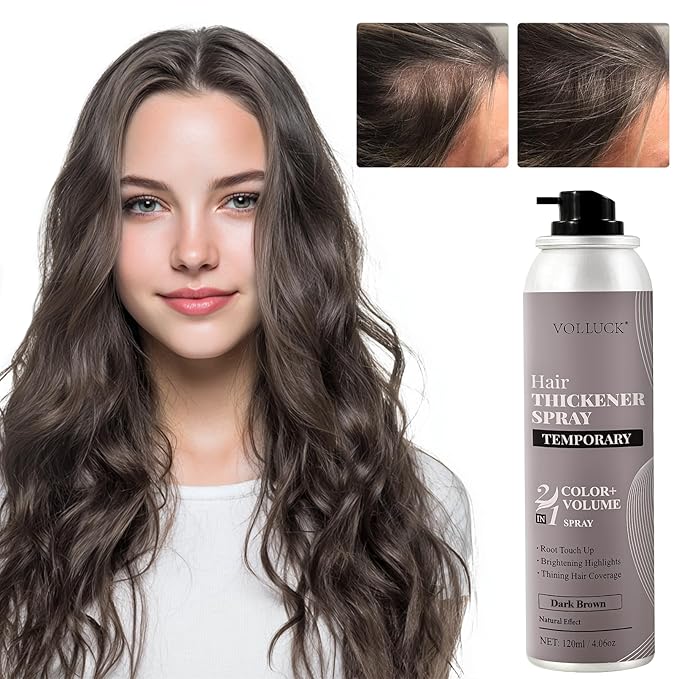 VOLLUCK Hair Thickening Fibers Spray, Temporary Colored Hair Thickener for Root Touch Up Spray, Grey Coverage Root Concealer for Women & Men, | Volumizing & Thickening | Dark Brown