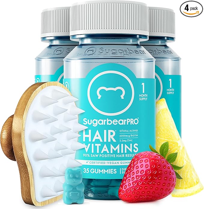 Sugarbear Bamboo Scalp Massager & Scrubber + Vegan Hair Vitamin Gummies 3 Month Supply, Extra Strength Biotin 6000mcg for Relaxing Scalp Care & Supporting Healthy Hair