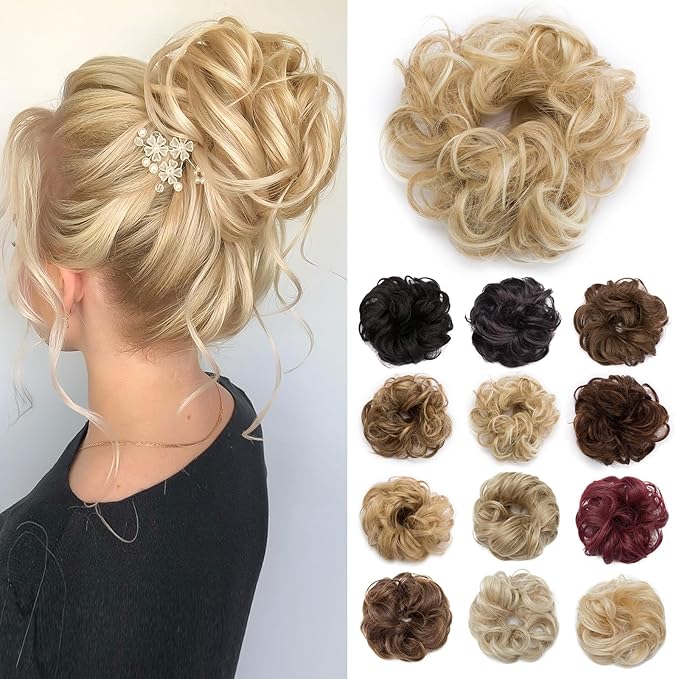 Benehair Messy Bun Hair Piece Scrunchy Updo Hair Pieces for Women Fluffy Wavy Hair Bun Scrunchies Donut Hairpiece Synthetic Chignons With Elastic Rubber Band Dark Blonde & Bleach Blonde 1pc 25g