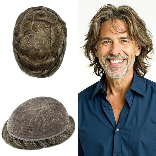 Toupee For Men Real Human Hair System Full Swiss Lace Mens Toupee Lace Hair Piece For Men Hair System Bleached Knots 7x9-90% light density#710 7# VERY LIGHT BROWN+10% GREY