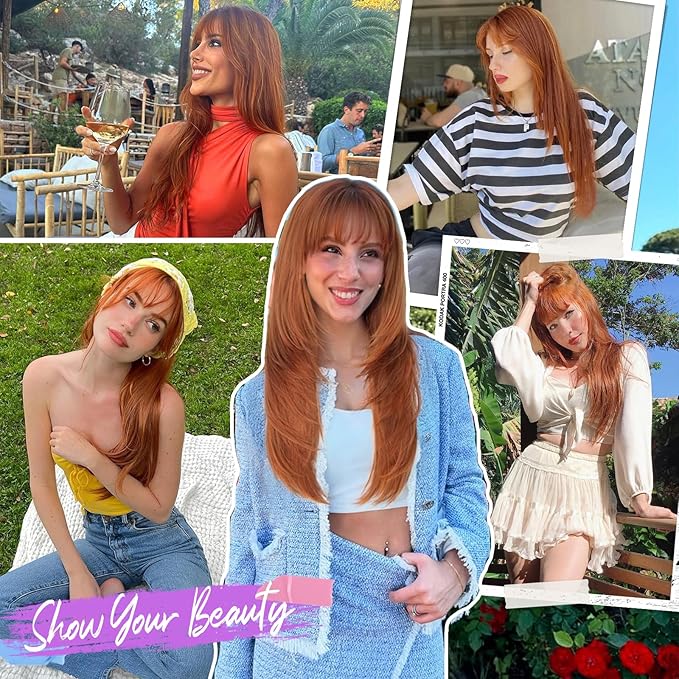 Long Ginger Wig with Bangs for Women,4x4 Realistic Scalp, Free Parting,Layered Hairstyle Synthetic Heat Resistant for Daily Party Use 26 inch