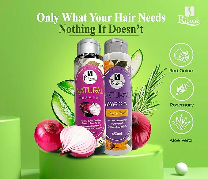 Ribon's Natural Shampoo and Conditioner Set Hair Growth – Anti-Hair Loss, Strengthening & Nourishing Formula with Onion, Rosemary & Aloe Vera – Floral Scent – 450ml Each