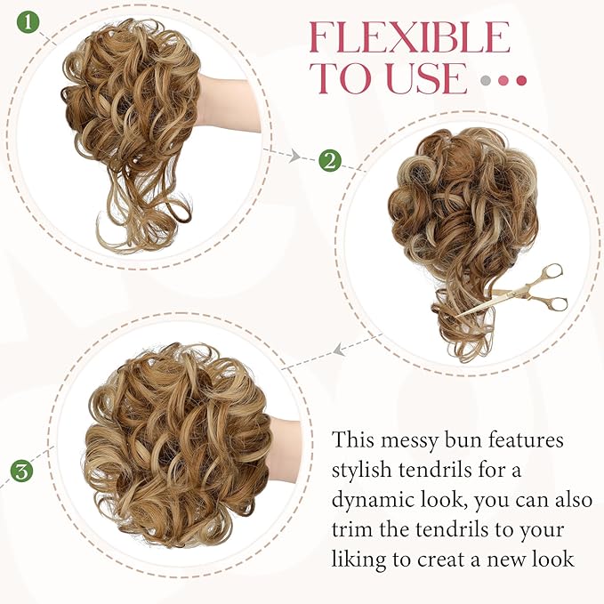 2PCS Messy Bun Hair Piece Tousled Updo with Tendrils Wavy Curly Hair Bun Scrunchies Ponytail Extension Elastic Band Hairpieces For Women (Ash blonde mix Ginger Brown)