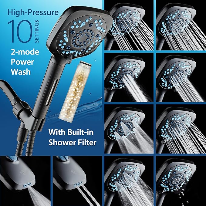 AquaCare High Pressure 10 Spray Mode Filtered Showerhead - Handheld Shower Head Filters Chlorine to Heal Dry Skin, Revive Hair - Dual Power Wash Cleans Tub, Tile, Pets - Hard Water Softener, ORB
