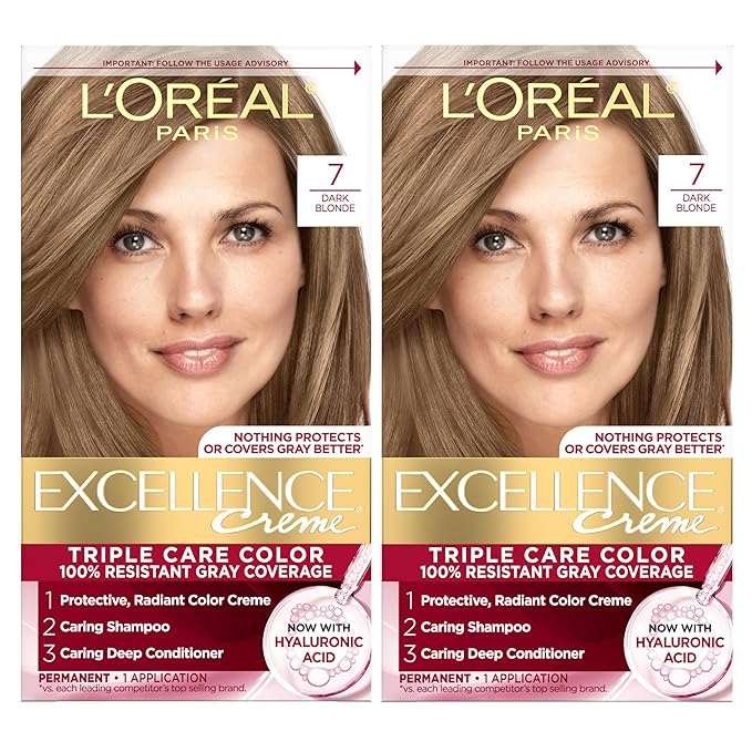 L'Oreal Paris Excellence Crème Permanent Hair Dye, Triple Care Hair Color with Pro-Keratine Complex for 100% Gray Hair Coverage, 7 Dark Blonde, 1 Kit (Pack of 2)