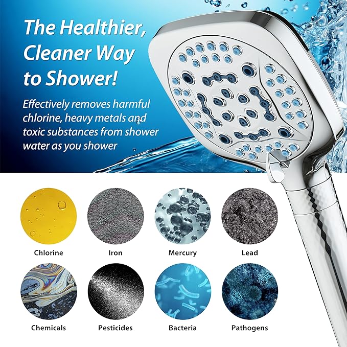AquaCare 4X High Pressure 10 Spray Mode Filtered Showerhead - Handheld Shower Head Filters Chlorine to Heal Dry Skin, Revive Hair - Dual Power Wash Cleans Tub, Tile, Pets - Hard Water Softener, Chrome