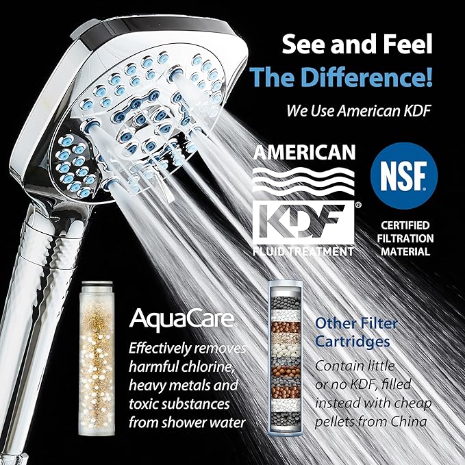 AquaCare 4X High Pressure 10 Spray Mode Filtered Showerhead - Handheld Shower Head Filters Chlorine to Heal Dry Skin, Revive Hair - Dual Power Wash Cleans Tub, Tile, Pets - Hard Water Softener, Chrome