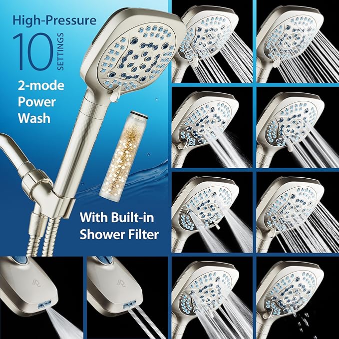 AquaCare 4X High Pressure 10 Spray Mode Filtered Showerhead - Handheld Shower Head Filters Chlorine to Heal Dry Skin, Revive Hair - Dual Power Wash Cleans Tub, Tile, Pets - Hard Water Softener, Nickel
