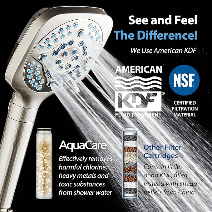AquaCare 4X High Pressure 10 Spray Mode Filtered Showerhead - Handheld Shower Head Filters Chlorine to Heal Dry Skin, Revive Hair - Dual Power Wash Cleans Tub, Tile, Pets - Hard Water Softener, Nickel