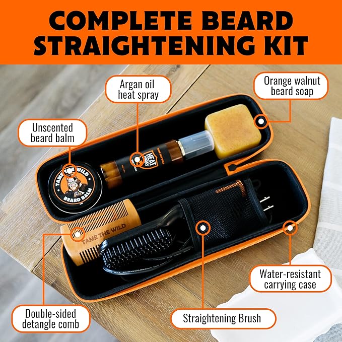 Tame the Wild Premium Beard Grooming Kit - Heated Beard Brush, Straightener Comb, Heat Protectant Spray, Beard Soap, Balm, Wooden Comb, and Storage Case