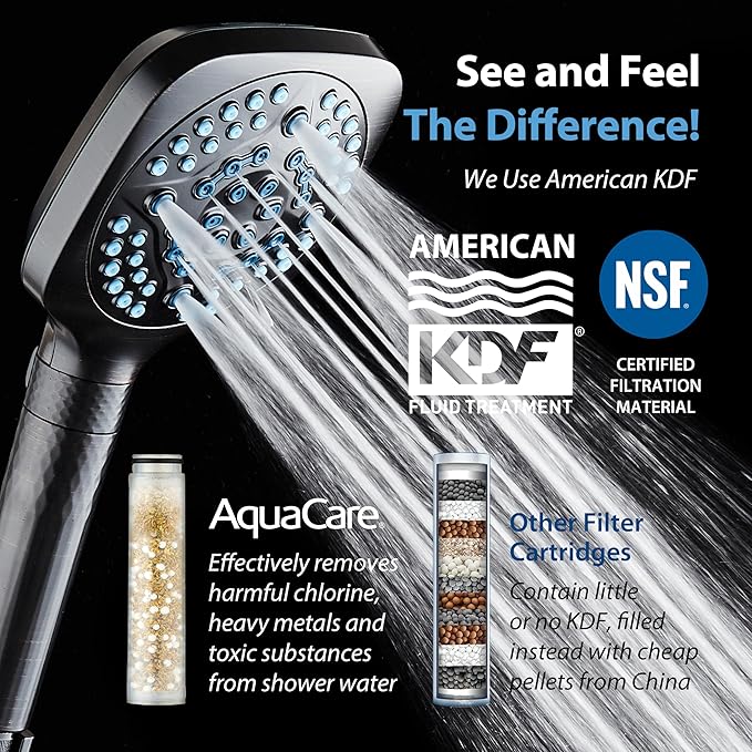 AquaCare 4X High Pressure 10 Spray Mode Filtered Showerhead - Handheld Shower Head Filters Chlorine to Heal Dry Skin, Revive Hair - Dual Power Wash Cleans Tub, Tile, Pets - Hard Water Softener, ORB
