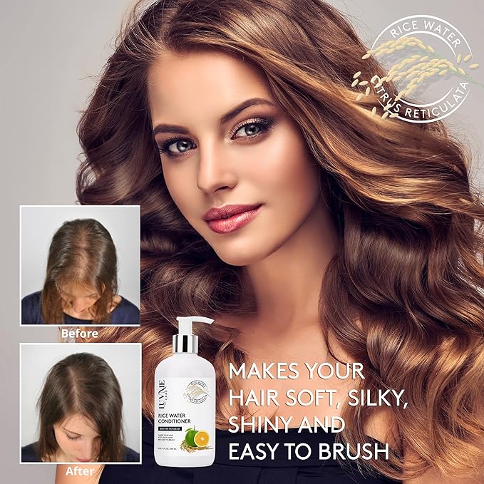 Luv Me Care Rice Water Hair Thickening Conditioner - with Biotin Improve Strength, Volume, and Shine, Deep Conditioning for Dry, Frizzy, or Curly Strands 10 Fl Oz