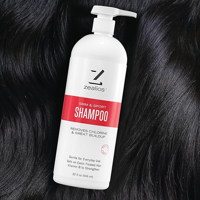 Zealios Swim & Sport Clarifying Shampoo, 32 oz Pump Bottle for Extremely Damaged Hair, Pool Hair Repair & Protector - Sulfate-Free, Moisturizing Chlorine & Salt Removal, Color-Safe, Citrus Scent