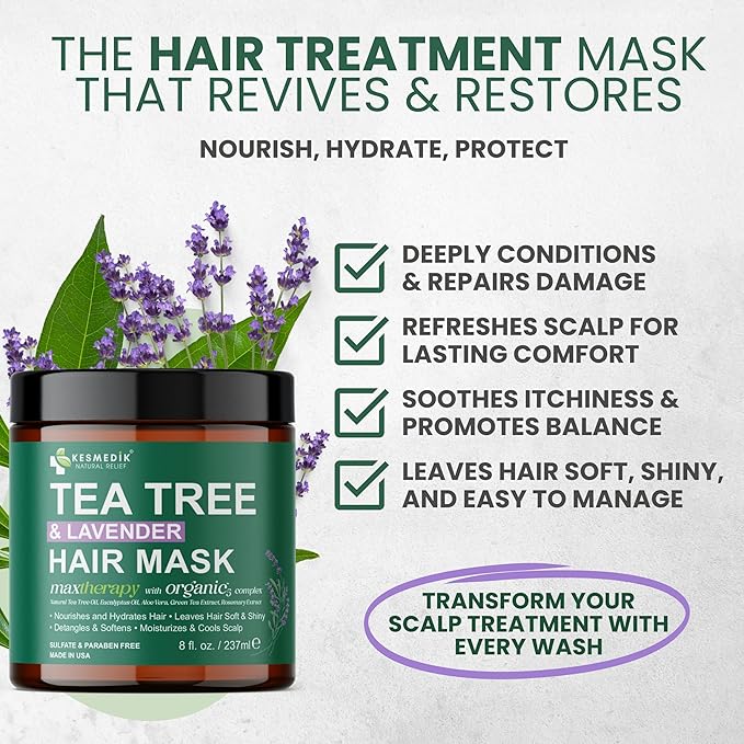 Pure Tea Tree Oil Hair Mask & Scalp Treatment, Deep Conditioner for Damaged & Dry Hair, Hydrates & Soothes Itchy, Scalp Psoriasis Relief, Men & Women, Paraben & Sulfates Free