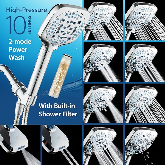 AquaCare 4X High Pressure 10 Spray Mode Filtered Showerhead - Handheld Shower Head Filters Chlorine to Heal Dry Skin, Revive Hair - Dual Power Wash Cleans Tub, Tile, Pets - Hard Water Softener, Chrome