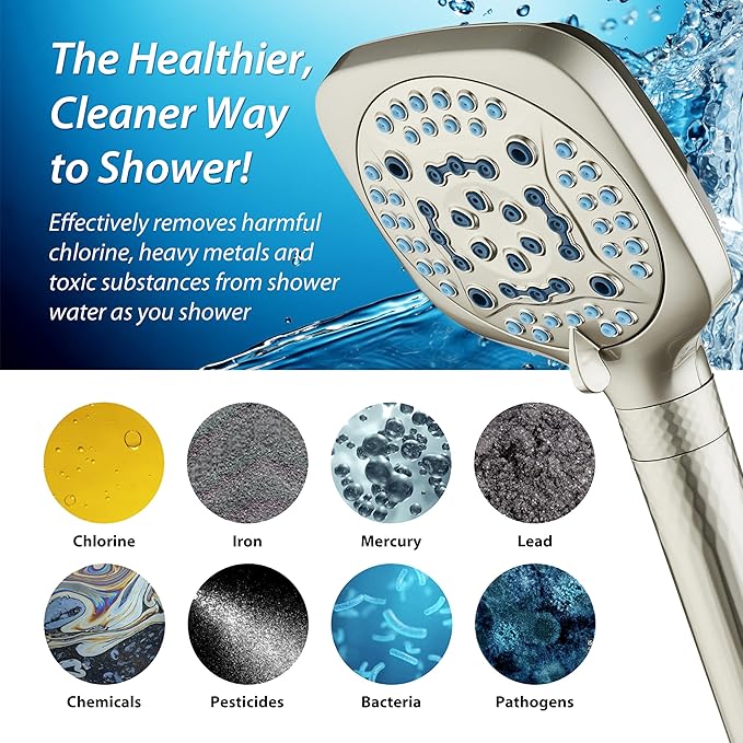 AquaCare 4X High Pressure 10 Spray Mode Filtered Showerhead - Handheld Shower Head Filters Chlorine to Heal Dry Skin, Revive Hair - Dual Power Wash Cleans Tub, Tile, Pets - Hard Water Softener, Nickel