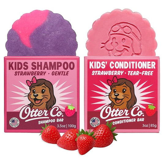 Otter co. Kids Gentle Strawberry Shampoo and Conditioner Bar – Tear Free Toddler Shampoo – Sulfate Free & Non Toxic – Made with Organic Ingredients – Vegan, Hydrating for All Hair, USA Made