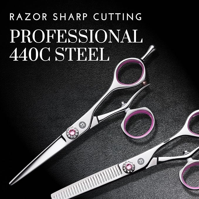 Saki Sakura Hairdressing Shears Set 5.5 Inch - Pink Hair Cutting Shears, Hair Thinning Shears, Hair Razor - Includes Leather Case