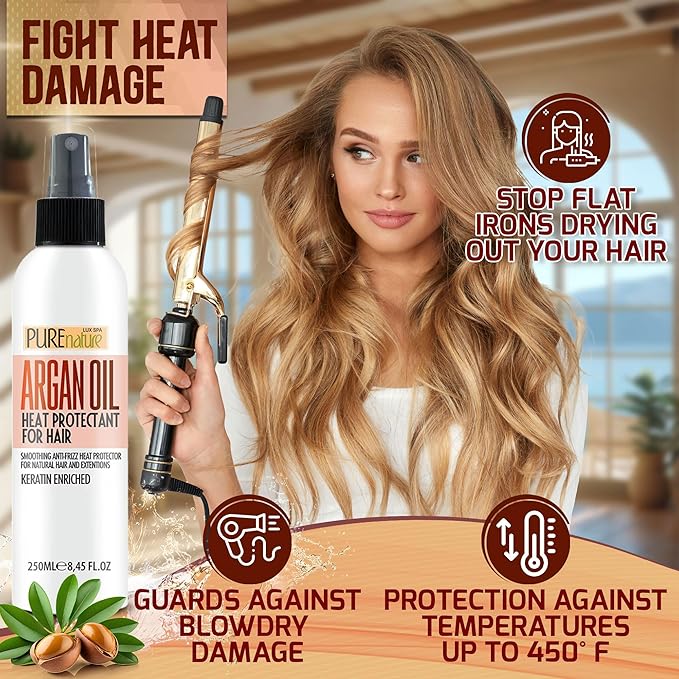 Moroccan Argan Oil Heat Protectant Spray for Hair - Leave In Thermal Guard against Flat Iron, Straightener and Blow Dry Damage - Hydrating Anti Frizz Control for Straight, Black and Curly Locks